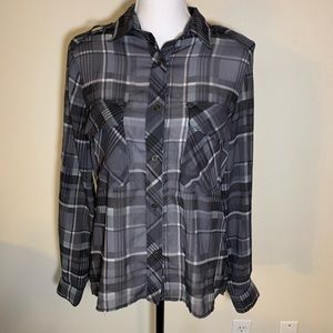 ABS sheer button up blouse front pockets plaid